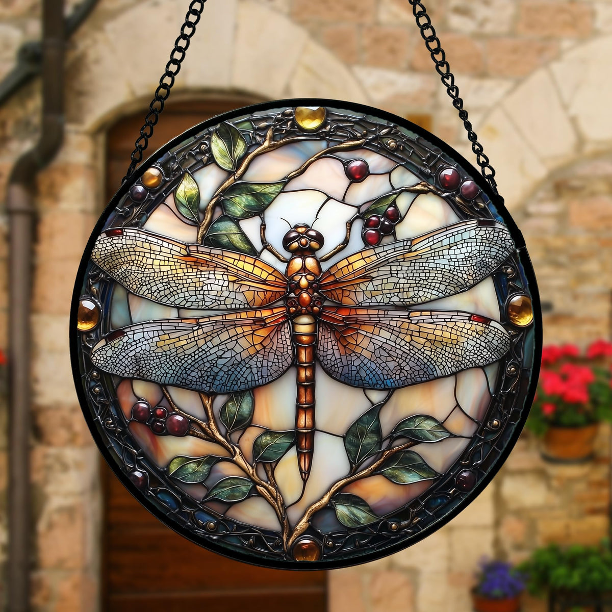 DASTOLL Stained Glass Window Hanging - Dragonfly Plant Suncatcher Ready to Hang Window Doors Home Decoration, Christmas, Mother's Day Birthday Gifts for Women, Men, and Mom 7.8x7.8 in