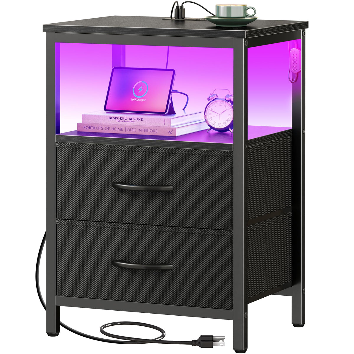 Huuger Night Stand with Charger Station and LED Lights, 2 Drawer Nightstand, Bed Side Table with Open Shelf, End Table, Fabric Dresser for Bedroom, Black