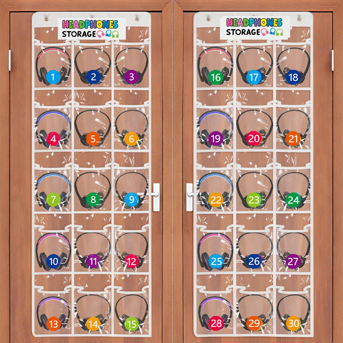 Olpchee 2 Pack Classroom Headphone Storage Organizer with 30 Pockets, PVC Clear Classroom Pocket Chart for Headphone Cell Phone Over-the-Door Hanging Headphone Holder Bag with 62 Labels(White)