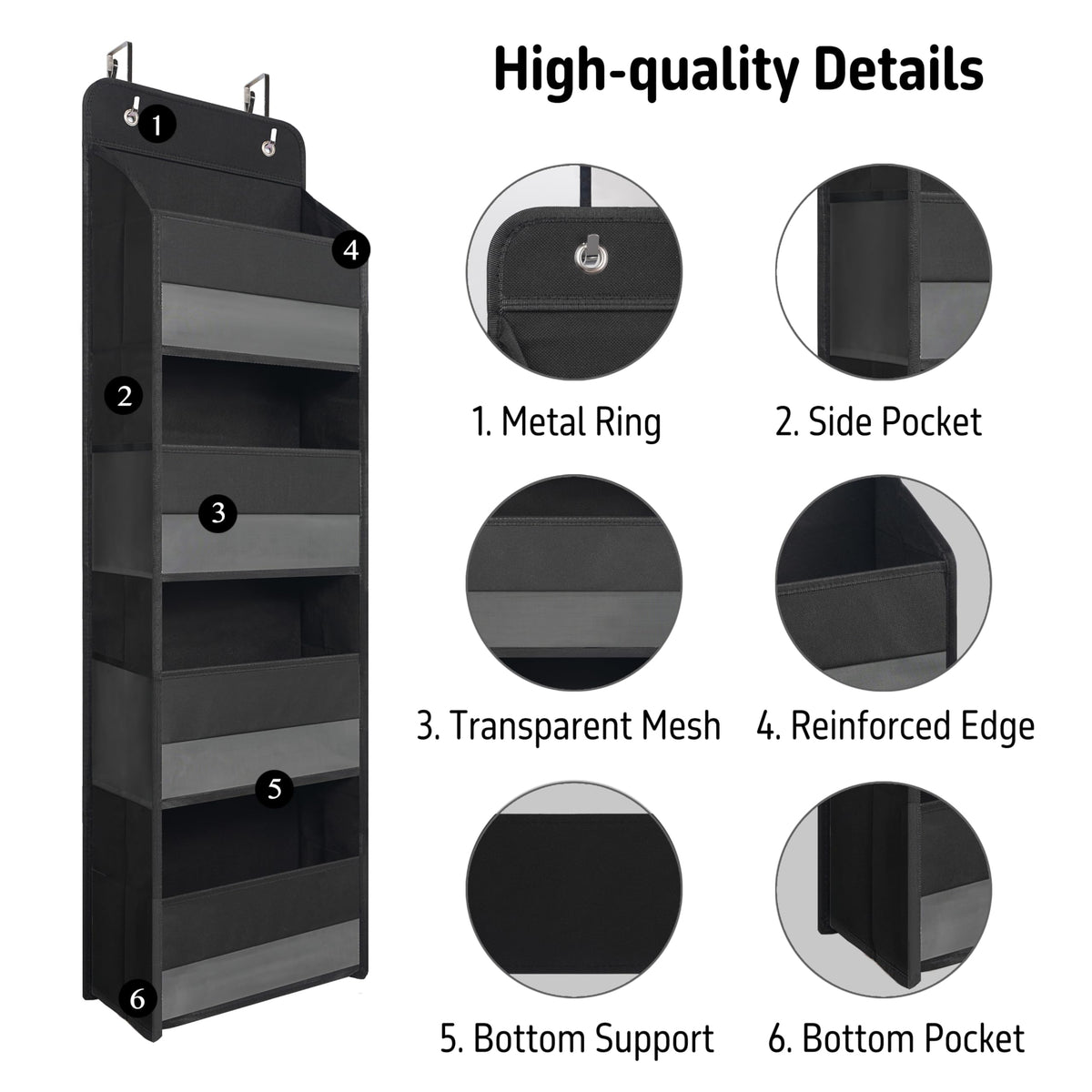 TYMENSH Over The Door Hanging Organizer with 4 Large Pockets – Closet, Bathroom, Nursery, Bedroom, Dorm Storage for Toys, Cosmetics, and Baby Essentials, Black