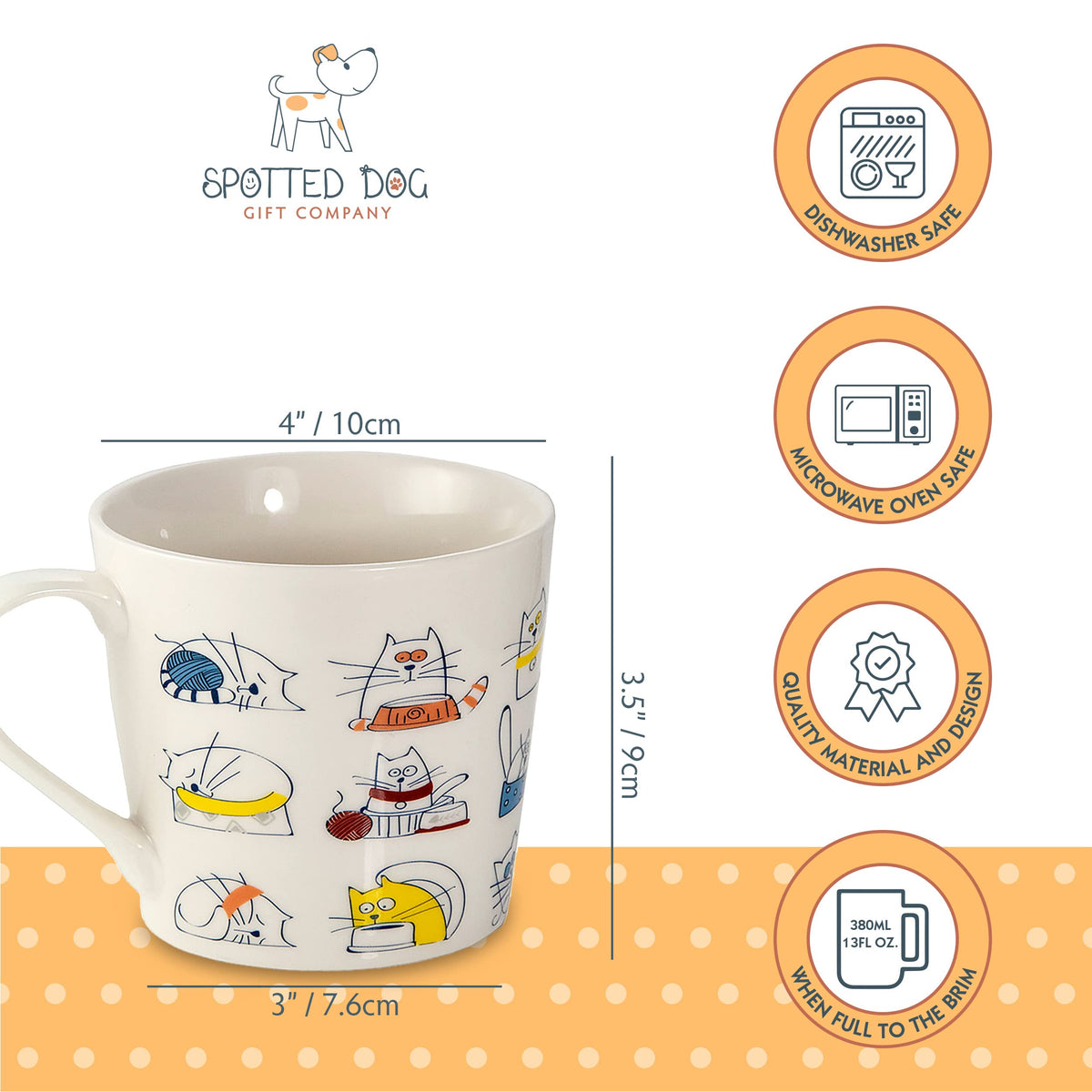 SPOTTED DOG GIFT COMPANY Cat Mugs, 13 oz Coffee Mug Set of 4, Funny Cartoon Cats Themed Ceramic Tea Cups, Microwave & Dishwasher Safe, Cute Cat Gifts for Women and Animal Lovers