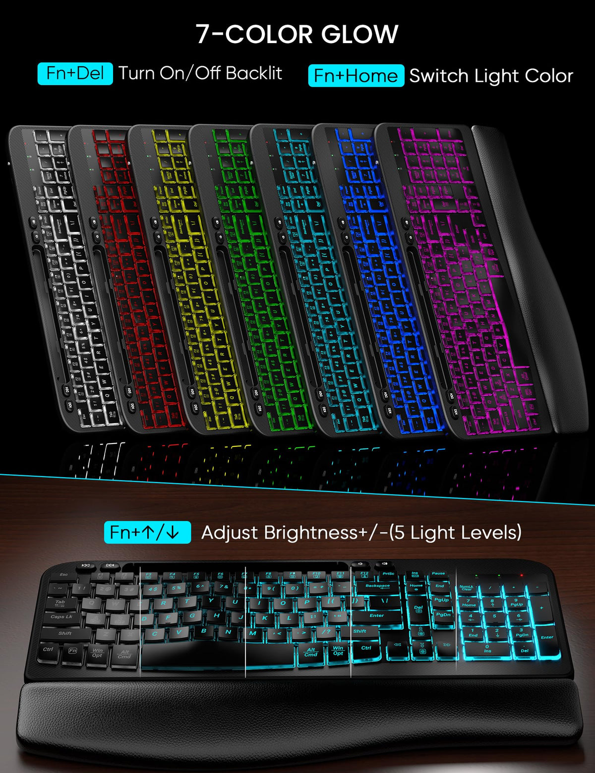 SABLUTE MA22 Pro Wireless Keyboard and Mouse Combo - Ergonomic Wave Keyboard with Soft Leather Wrist Rest, Phone Holder, Rechargeable, RGB Backlit Mouse, Full-Size Set for Windows/Mac/Computer