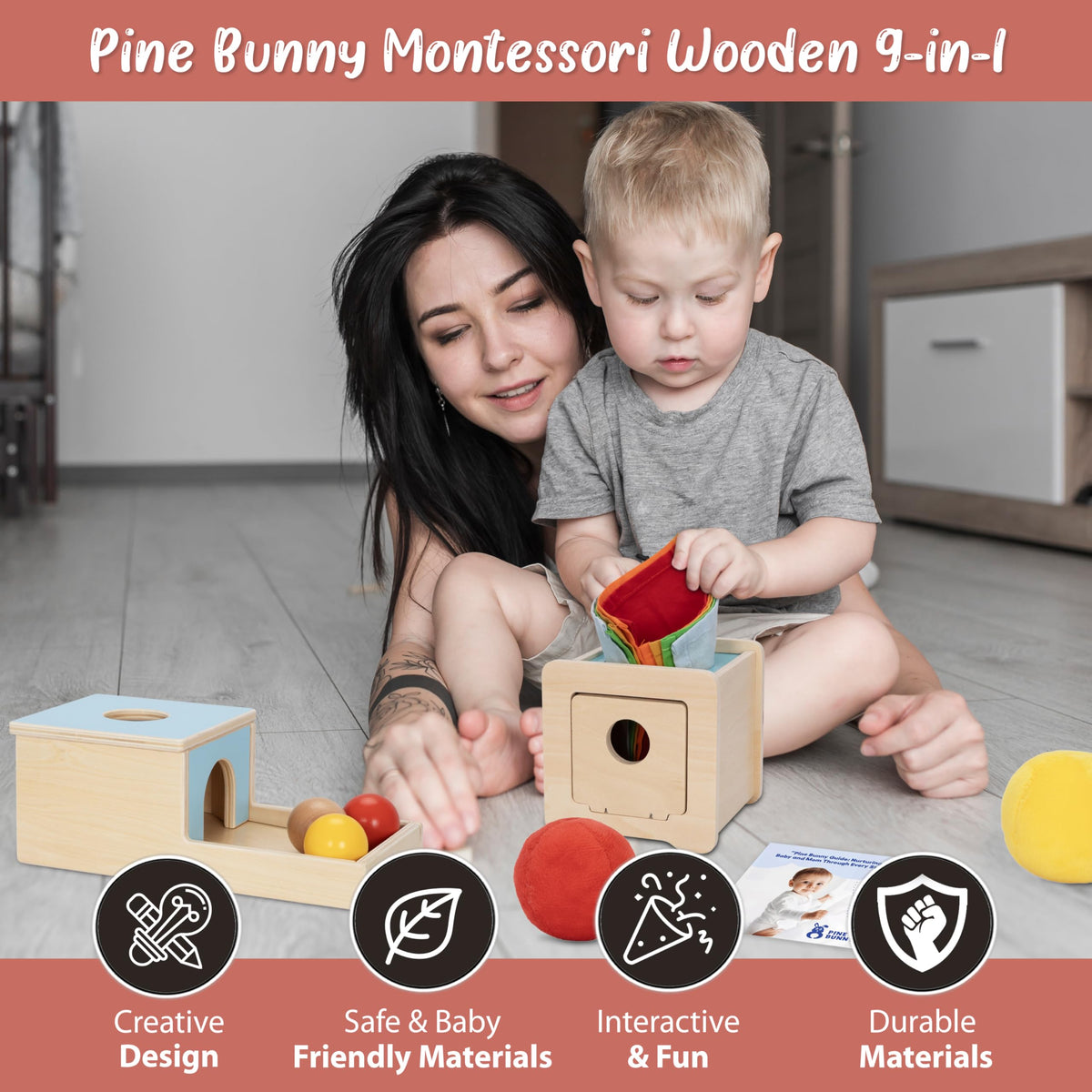 Pine Bunny Montessori Wooden 10-in-1 Toy Set for 7+ Months, Object Permanence Box, Egg and Cup, Tissue Box, Fabric Blocks, Scarf, Educational Learning Sensory Development Fine Motor Skills Baby Toys