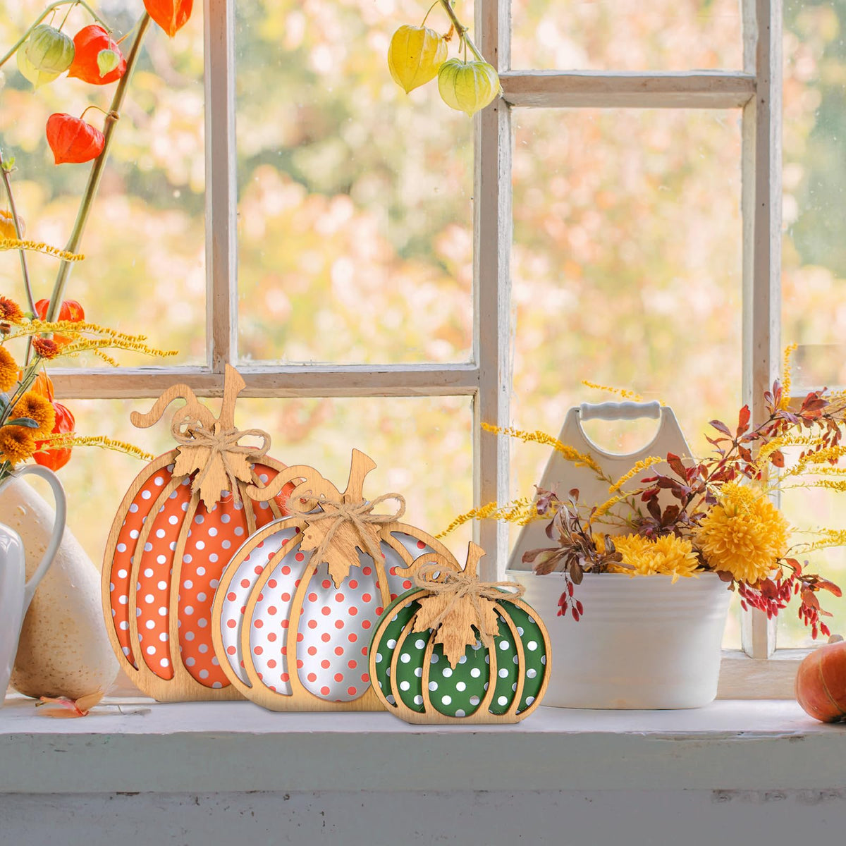 OLANRUN Fall Decorations for Home, 3-Piece Wooden Pumpkin Fall Decor, Autumn Thanksgiving Decorations for Table, Tiered Tray, Mantel, Shelf, Office