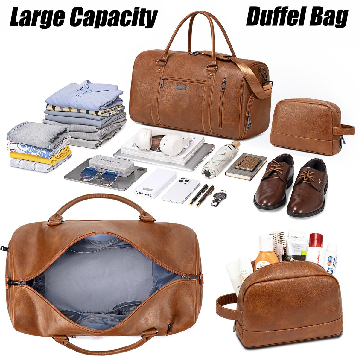 Large Travel Duffel Bag for Women Men, Faux Leather Weekender Overnight Bag with Shoe Compartment, Waterproof Carry On Bag with Toiletry Bag, Travel Tote Bag Gym Bag (Brown)