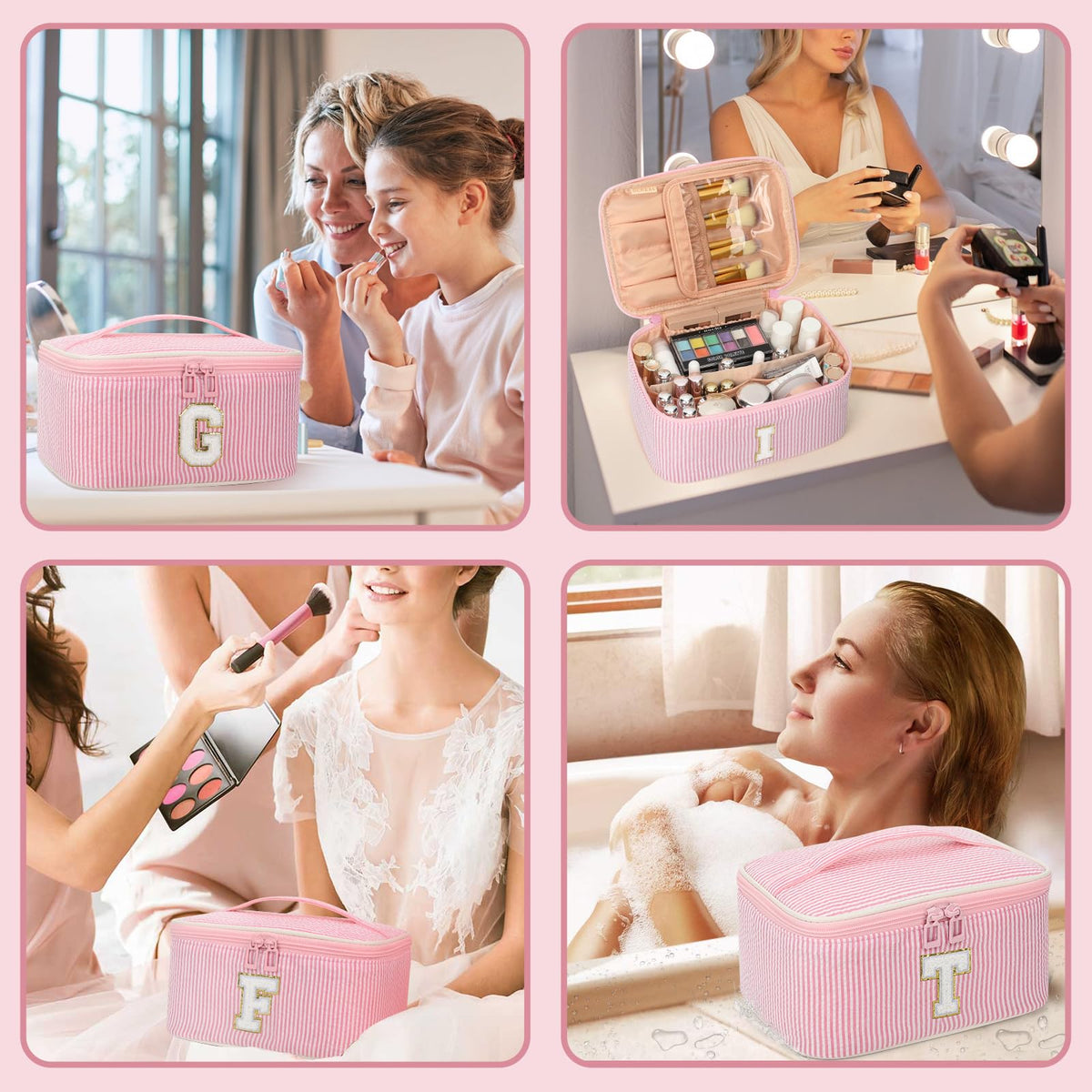 OCHEAL Makeup Bag for Women, Monogram Cosmetic Bag Pink Travel Makeup Case Beauty Toiletry Bag Organizer Personalized Gifts for Girls Bridesmaid, Sister, Wife, Friends Initial S
