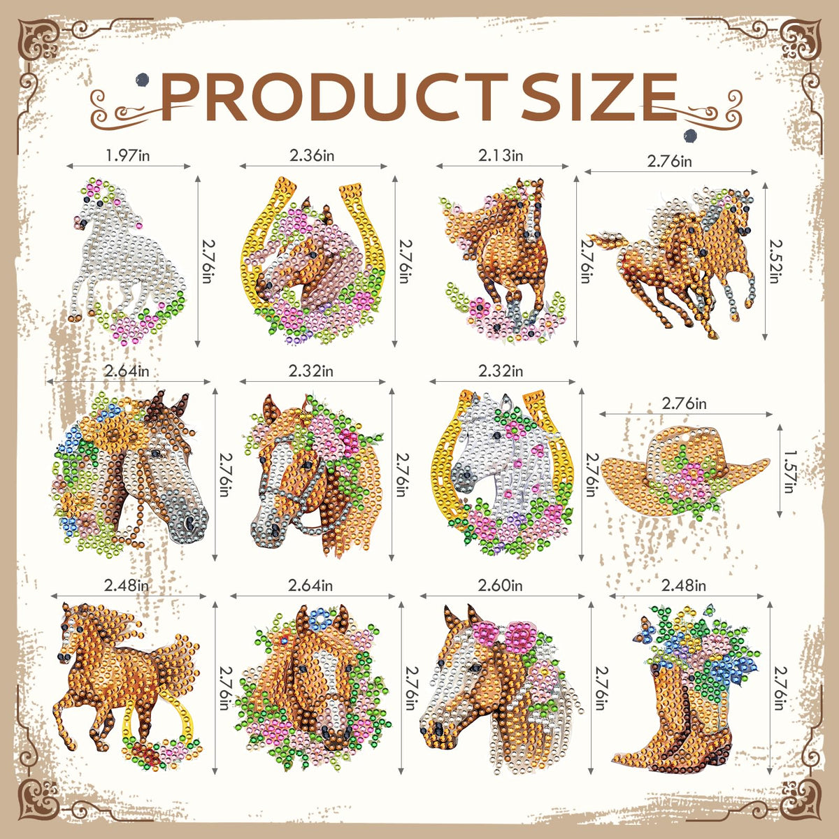 Keluna Diamond Art Horse Keychains - 12 Pcs Diamond Painting Keychains Kits, Western Cowboy Watercolor Flower Horse, DIY Key Chain Crafts Art Kits for Adult