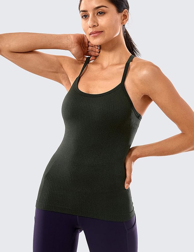 CRZ YOGA Seamless Workout Tank Tops for Women Racerback Athletic Camisole Sports Shirts with Built in Bra