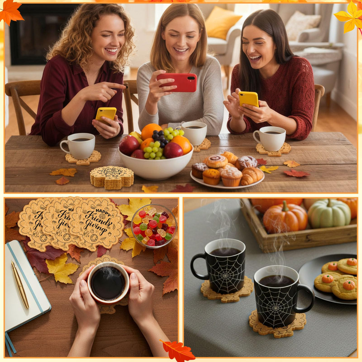 Hushee 24 Sets Friendsgiving Gifts Bulk Friendsgiving Cork Coasters Thanksgiving Cork Coaster Leaf Coaster with Thank You Cards and Organza Bag Thanksgiving Autumn Fall Party Favors (Maple Turkey)