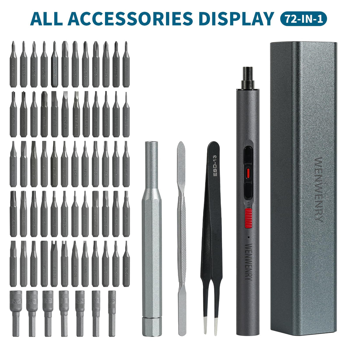 Wenwenry Mini Electric Screwdriver Set,Precision Electric Screwdriver，72-in-1 Magnetic Bits，3 Gears Torque, 3LED light,Magnetic Storage，Overload Protection, Repair Tool Set