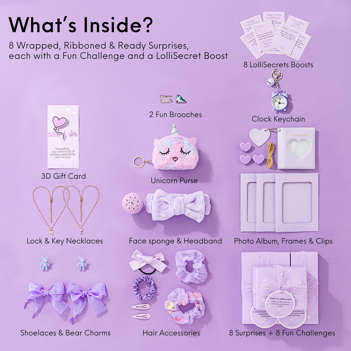 HAPPY LOLLI Purple LolliBox Gift Set for Tween & Teen Girls Ages 8–15, Birthday Gift Box, Ready-to-Gift Surprise Box with 8 Individually Wrapped Gifts & Empowering Challenges