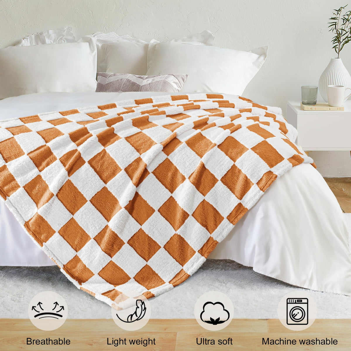 Exclusivo Mezcla Fleece Blanket Queen, Cozy Lightweight Fuzzy Checkered Blanket for Bed, Suitable for All Seasons, Coral Orange, 90" x 90"