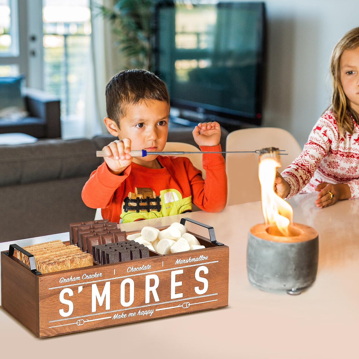 S'Mores Station, Farmhouse Smores Caddy with Handles, Smores Kit for Fire Pit Smores Maker Box, Smores Bar Station with 5Pcs Extendable Marshmallow Roasting Sticks, Camping Essentials Gear Accessories