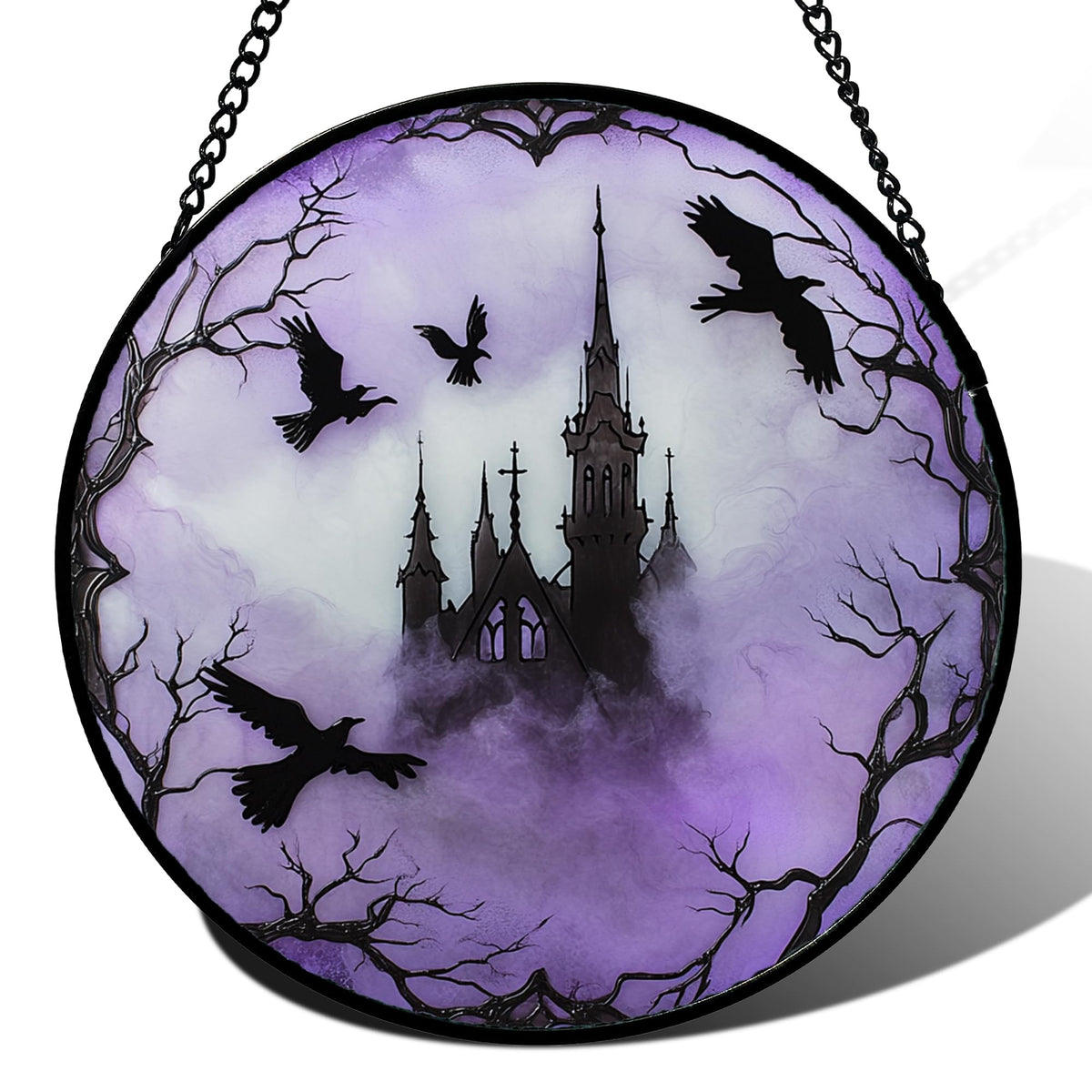 CRISGIF Stained Glass Window Hanging - Halloween Gothic Castle Purple Smoke Suncatcher for Doors Garden Home Spooky Crow Sun Catchers Gothic Decor Horror Gift for Women Men Friend Boy Girl 9.8 in