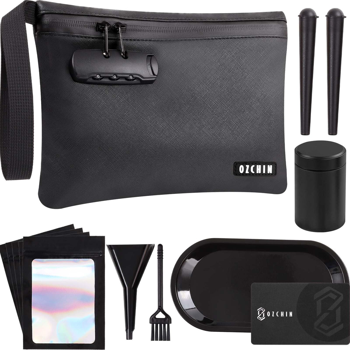 OZCHIN Smell Proof Bag with Combination Lock Certificate Organiser 10'' X 7'' Great Gift Sets Ideal Set PU Leather Lockable Travel Storage for Men Women, Classic, Daily Bag (Black Kit)