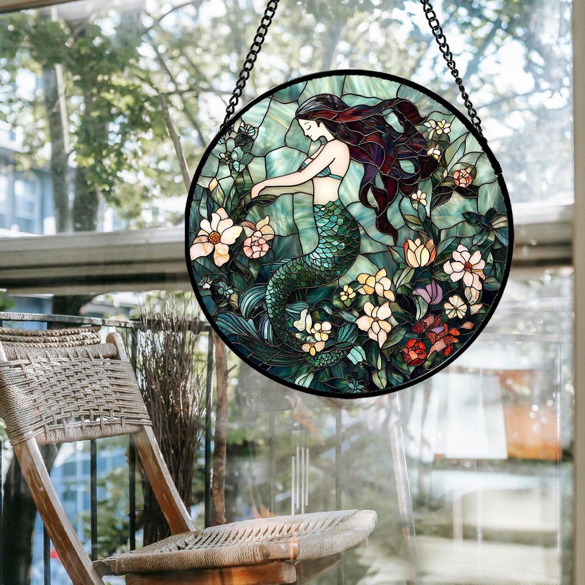 JOSUMALY Stained Glass Window Hanging - Teal Sleeping Mermaid Suncatcher for Door Terrace Garden Home Decor, Sea of Flowers Sun Catcher Birthday Gifts for Lovers Women Men Dad Mom Nana 7.8 in