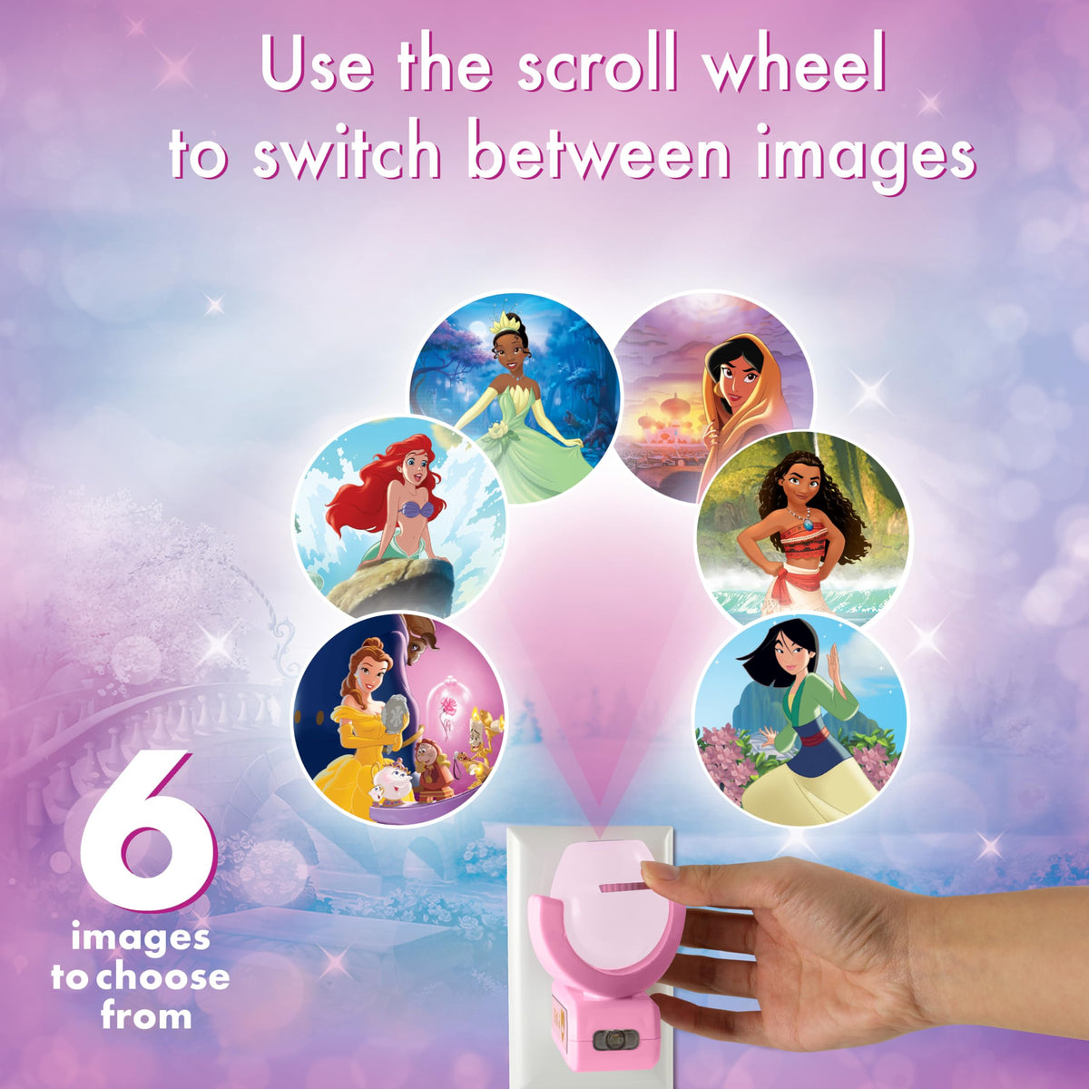 Projectables Disney Princess LED Kids Night Light, Projector, Plug-In, Dusk-to-Dawn Sensor, Belle, Jasmine, Ariel, Moana, Tiana & Mulan, Pink, 11738