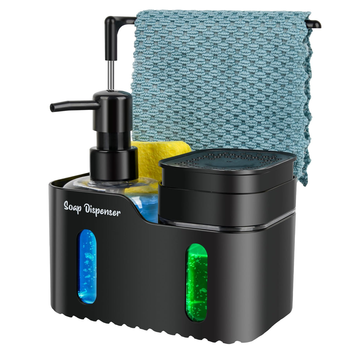 Hand Soap and Dish Soap Dispenser Set for Kitchen, Dual Soap Dispenser with Sponge Holder and Dishcloth Holder 4-in-1 Organizer for Kitchen Sink Countertop, Useful Kitchen Gadgets (Black)