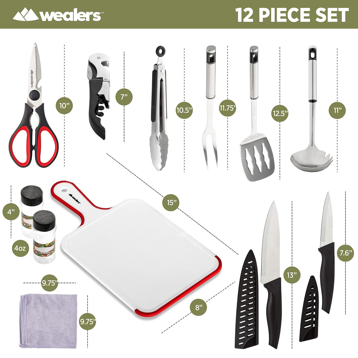 12 Piece Camp Kitchen Cooking Utensil Set Travel Organizer Grill Accessories Portable Compact Gear for Backpacking BBQ Camping Hiking Travel Cookware Kit Water Resistant Case (Grey)