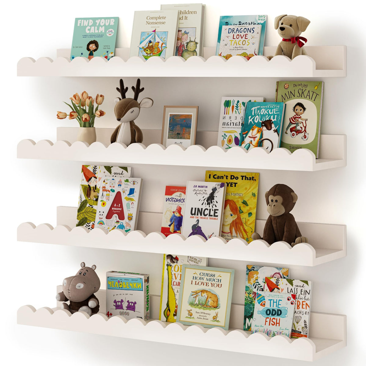 Shario Nursery Book Shelves, 4-Pack White Floating Shelves for Wall Kids, Scalloped Shelves, Wall Book Shelves for Bedroom Kids, Toddler Room, Baby Room, Nursery Decor