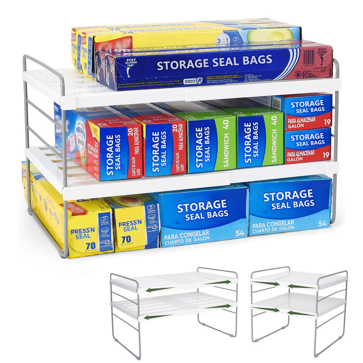 Pantry Organization and Storage for Kitchen - Expandable Kitchen Wrap Box Organizer Rack, Foil Organizer for Cabinet & Counter, Height & Width Adjustable Cupboard Storage Rack - (3 Tier 9.8 to 15.6"L)