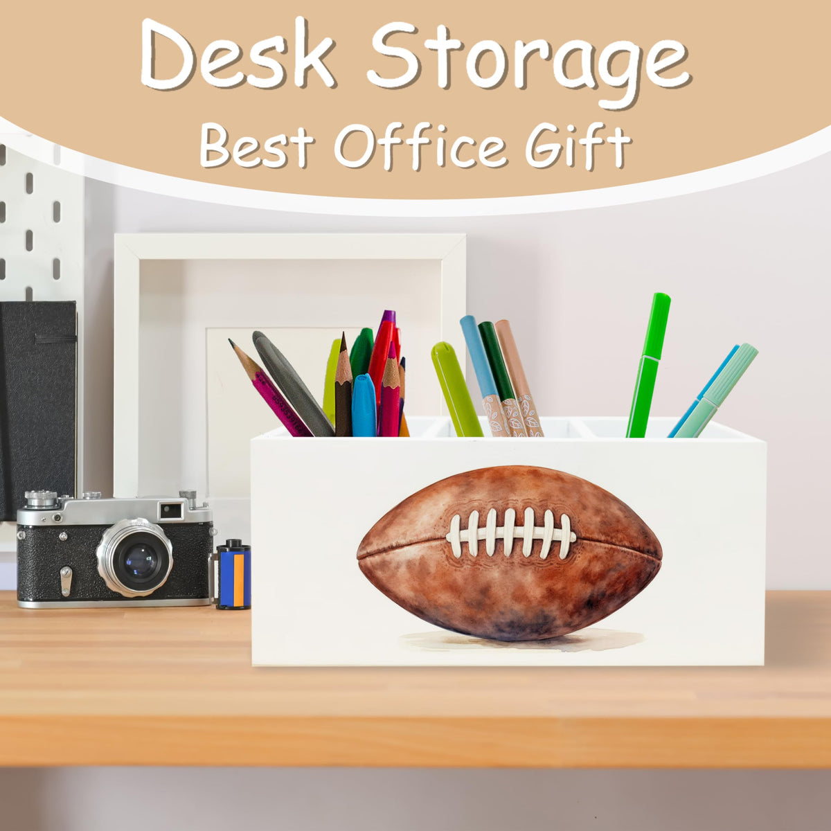 YTRGI American Football Pen Pencil Holder Organizer for Desk, Gifts for Football Fan Lovers Players Wooden Box Block Sign for Home Office Tabletop Decor