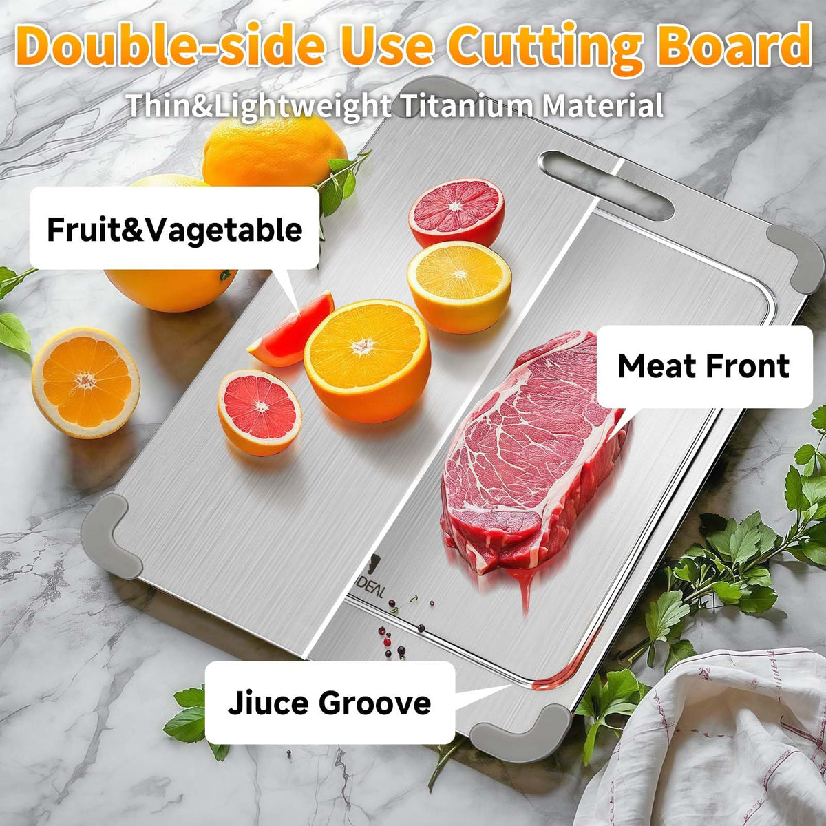 ZYBIDEAL 100% Pure Titanium Cutting Board with Grooves, Update Double Side Titanium Chopping Board, Silicone Anti-slip Stainless Cutting Boards for Kitchen 9 * 13 IN, Orange