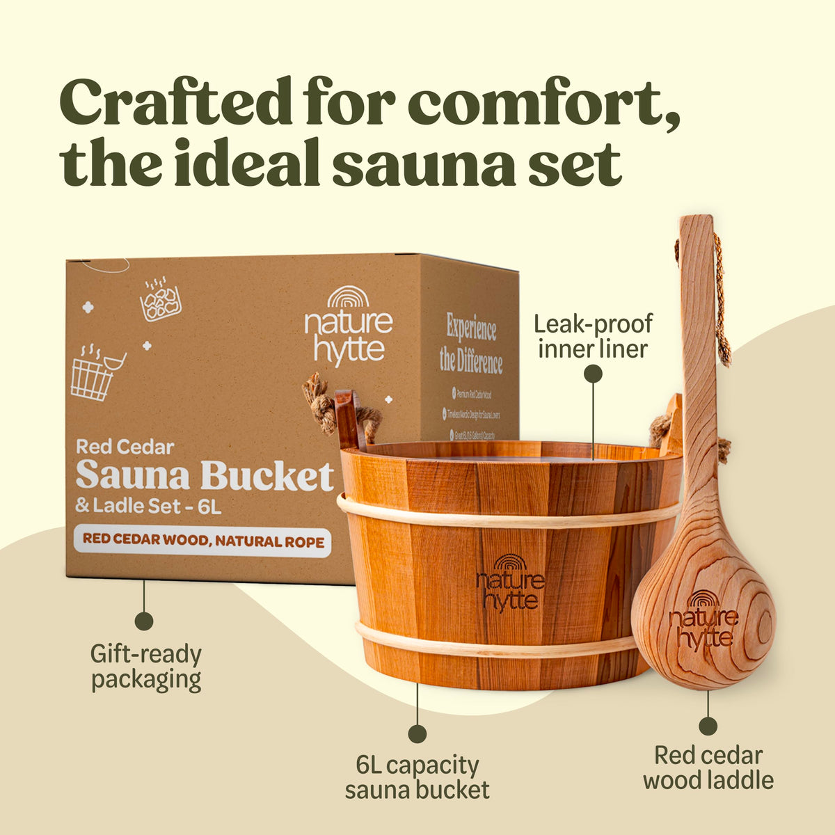 Nature Hytte Red Cedar Sauna Bucket and Ladle Set 6L (1.6 Gallon) - Natural Rope Handle - Premium Red Cedar Wood - Natural Aroma - Elegant Gift-Ready Packaging