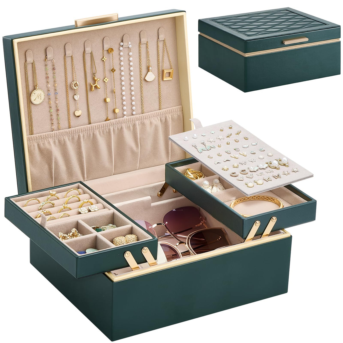 Lolalet Jewelry Box Organizer for Women Girls, 2 Layer Jewelry Organizers and Storage for Necklace Earrings Rings Bracelets, Large Jewellery Holder Case Birthday Mothers Day Gifts -DarkEmerald