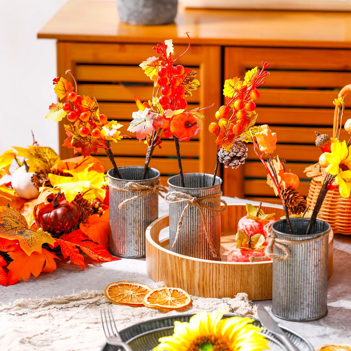 Zeyune 3 Sets Fall Thanksgiving Table Centerpiece Decoration Harvest Artificial Flower Stem Pumpkin Maple Berry Pick with Metal Pot for Autumn Rustic Farmhouse Home Kitchen Dining Indoor Decoration