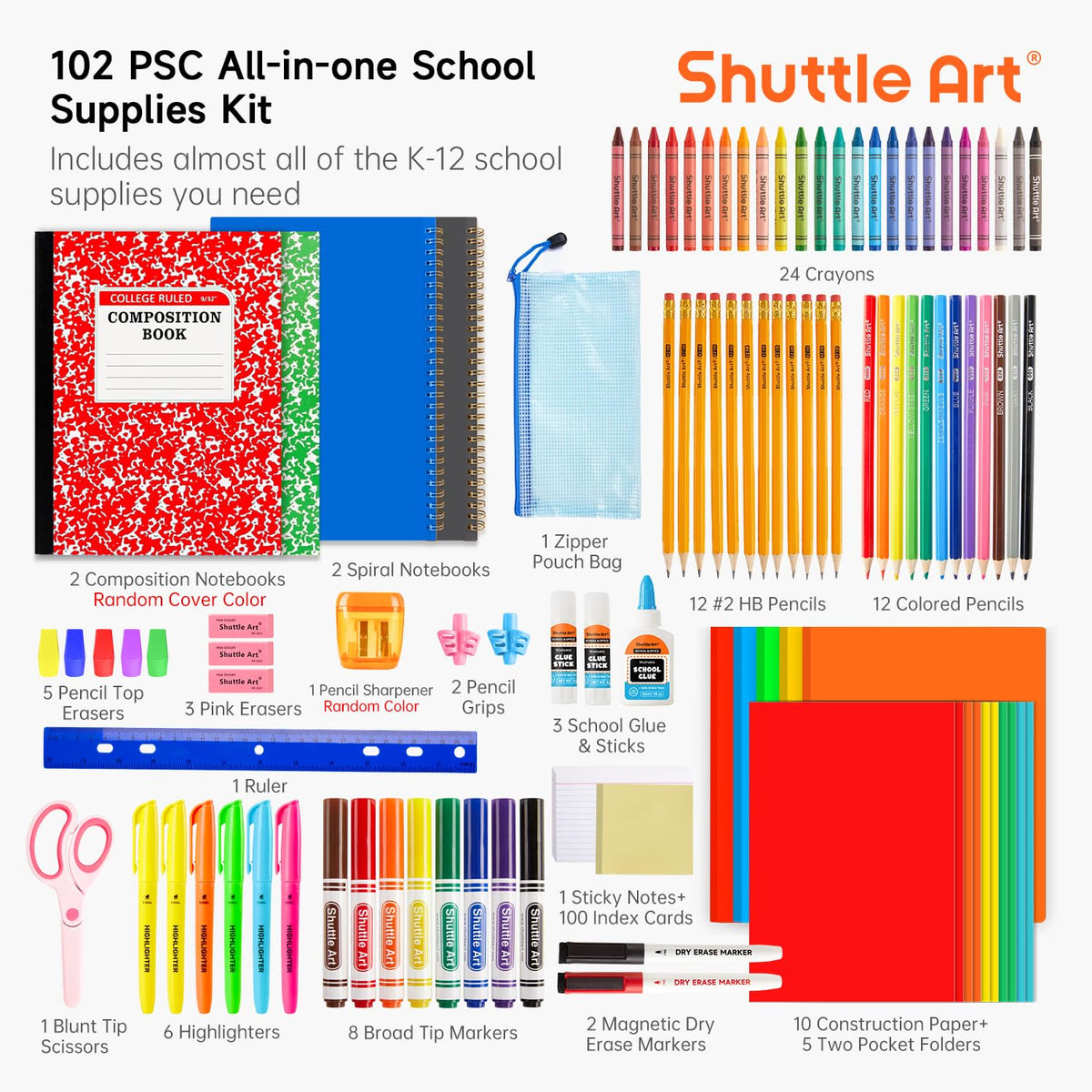 Shuttle Art 102 PCS Back to School Supplies Kit, School Supply Box for Grades K-5, School Supplies for Kids and Students, Including Pencils, Pens, Markers, Erasers, Notebooks, Folders and More