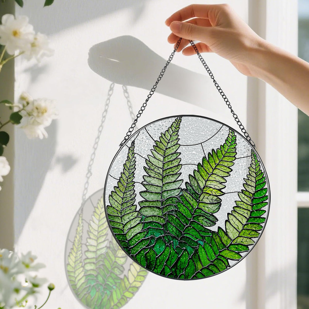 8-Inch Stained Glass Ornament, Stained Glass Window Hanging, Window Hanging Decor Suncatcher, Fern Plant Ornament | Christmas, Mother's Day, Birthday | Gifts for Mom, Grandma Gifts, Plant Lover Gift