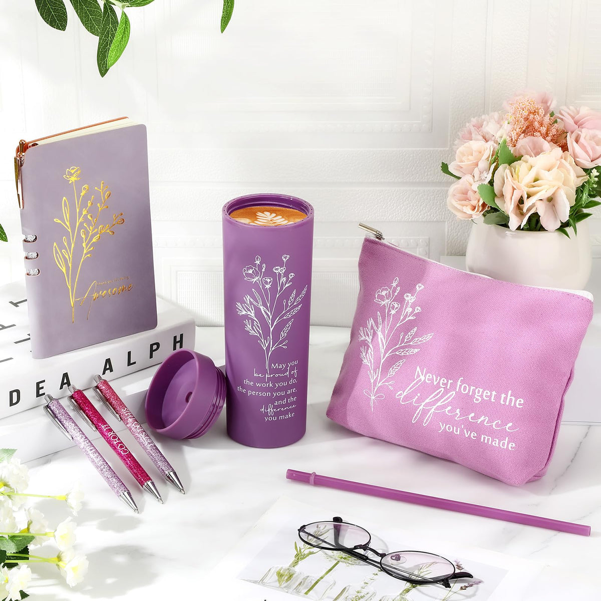 Funnymoom 6 Pcs Employees Appreciation Gift Set for Women, Teacher Principal Appreciation Gifts, Thank You Box for 16 oz Tumbler Makeup Bag Journal Pens Mother's Day for Nurse Mentor Coworke