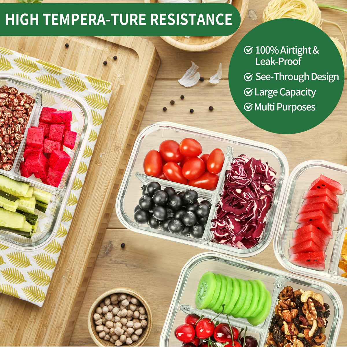 Skroam 5-Packs 36OZ Glass Airtight Food Storage Containers 3 Compartments, Meal Prep Container Set with Lids for Pantry Kitchen Organizers and Storage, BPA Free Glass Lunch Boxes Bento