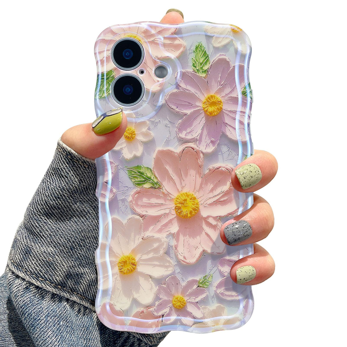 UEEBAI Flower Case for iPhone 17 Case, Colorful Retro Oil Painting Girly Phone Cover Pretty Glossy Pattern Wave Cover Cute Sparkly Floral Curly Shell for Women and Girl, Pink Purple