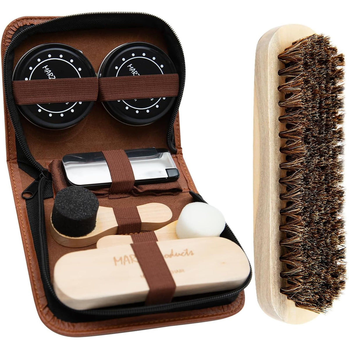 Deluxe Shoe Polish Kit - Portable 7pc Shoe Shine Kit with Genuine Horsehair Brush, Black Shoe Polish, and Clear Shoe Polish - Suede Shoe Cleaning Kit for Sneakers, Leather Shoes, and Boots