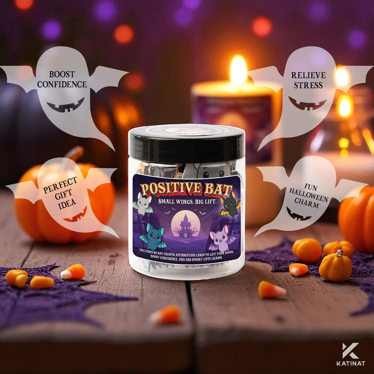 Positive Bat Jar, Emotional Inspirational Support Bats with 60 Affiramtion Cards, Halloween Gifts for Women Kids Teens Friends, Boo Halloween Basket Stuffers for Women