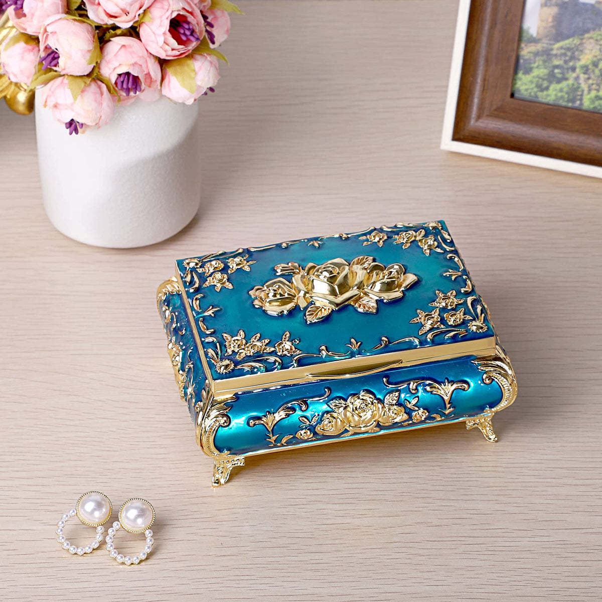 ELLDOO Vintage Music Box, Blue Metal Musical Jewelry Box Keepsake Box, Small Trinket Jewelry Storage Box Gift for Girl Women (Tune: You are My Sunshine)