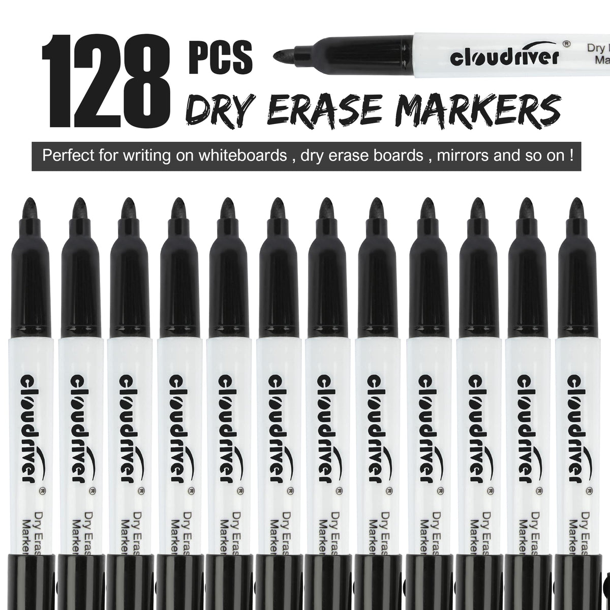 cloudriver Dry Erase Markers 128 Pack, Black Whiteboard Markers, Fine Tip, Low Odor, Bulk Dry Erase Marker For Office, home and School Supplies