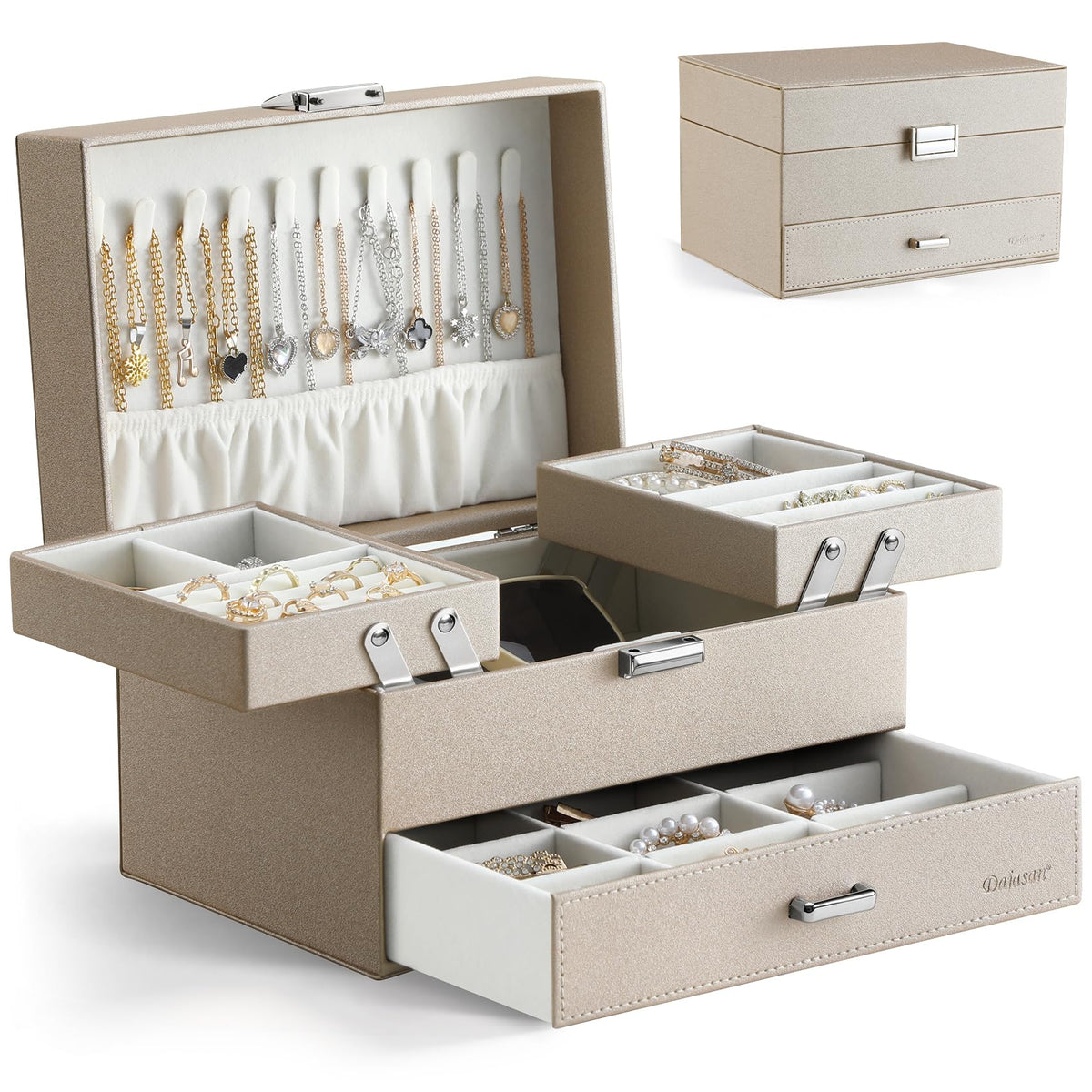 Dajasan Jewelry Organizer Box, Large Jewelry Boxes for Women Girls, Space-Saving 3 Layers Jewelry Storage Case with Drawer, Movable Metal Stand, Modern, Gift Idea (Champagne)