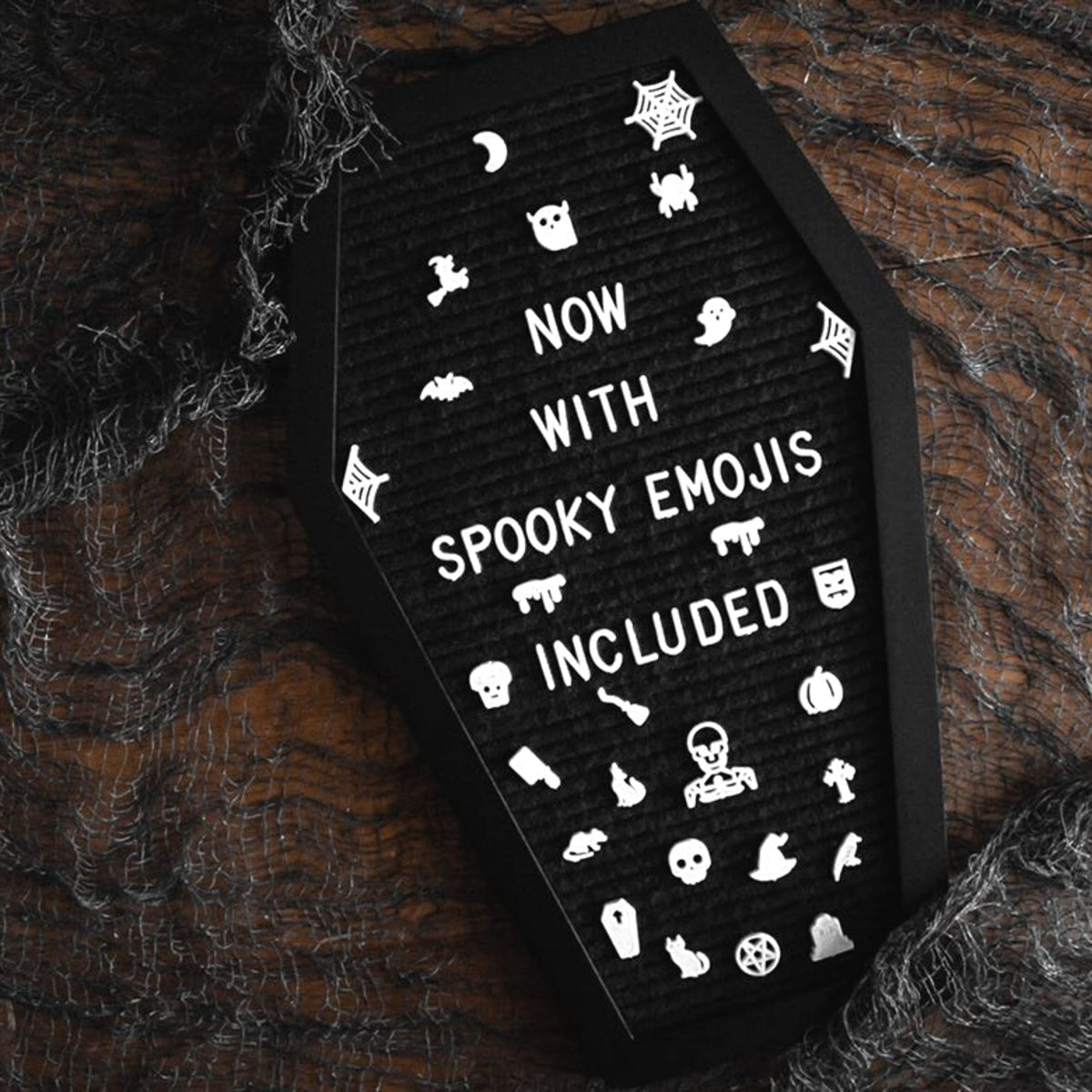 Nomnu Coffin Letter Board Black +3D Bat Stickers +650 Characters, Spooky Seasonal Emojis, Wooden Stand - 17x10.5 Inches - Coffin Shaped Goth Decor Sign Halloween Decorations Gothic Decor Birthday Home Spooky Gifts