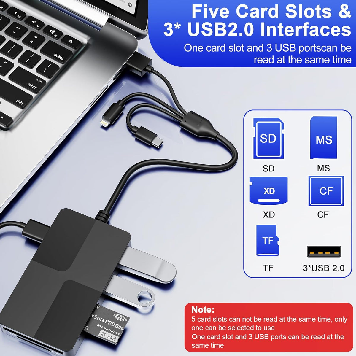 SHOWAIST 8 1 3 2.0 Memory Stick Pro Duo Reader Adapter, in SD/MS/TF/CF/XD Card Reader with USB Ports, L-ightning+USB
