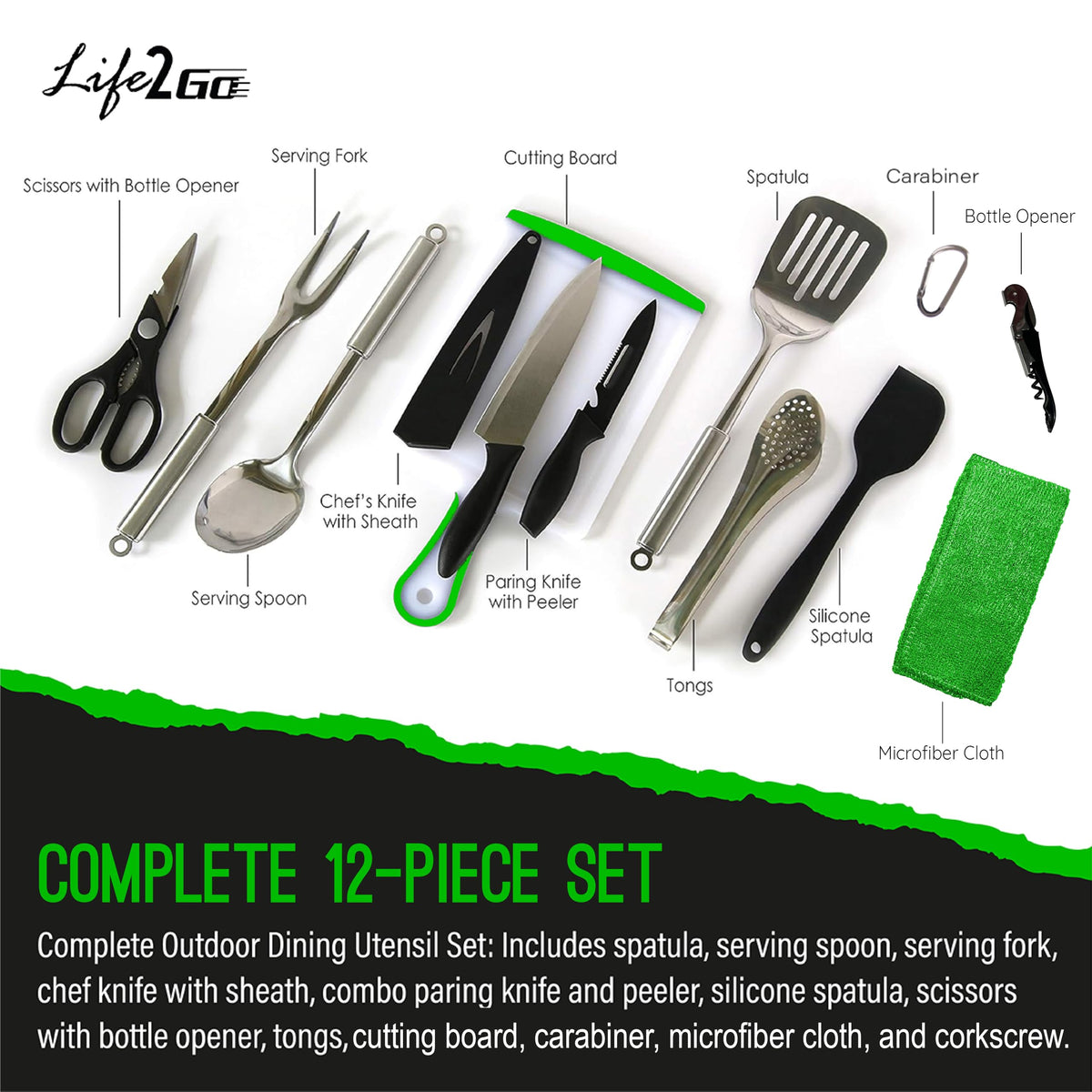 Life 2 Go 12 Pcs Camp Cooking Utensil Set & Outdoor Kitchen Gear Cookware Kit, Portable Compact Carry Case for Camping, Hiking, Travel, BBQ Grilling Stainless Steel Accessories Spoon & Fork, Navy