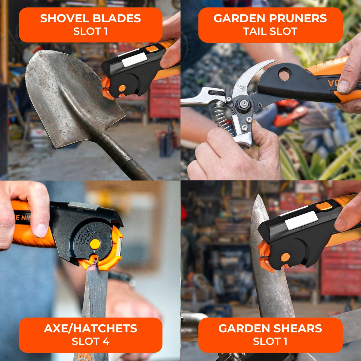 Orange Ninja 7-in-1 Garden Tool & Knife Sharpener – Sharpens Axe, Hatchet, Machete, Pruner & Shears – One Tool for All Your Outdoor Blades – Gift for Gardeners