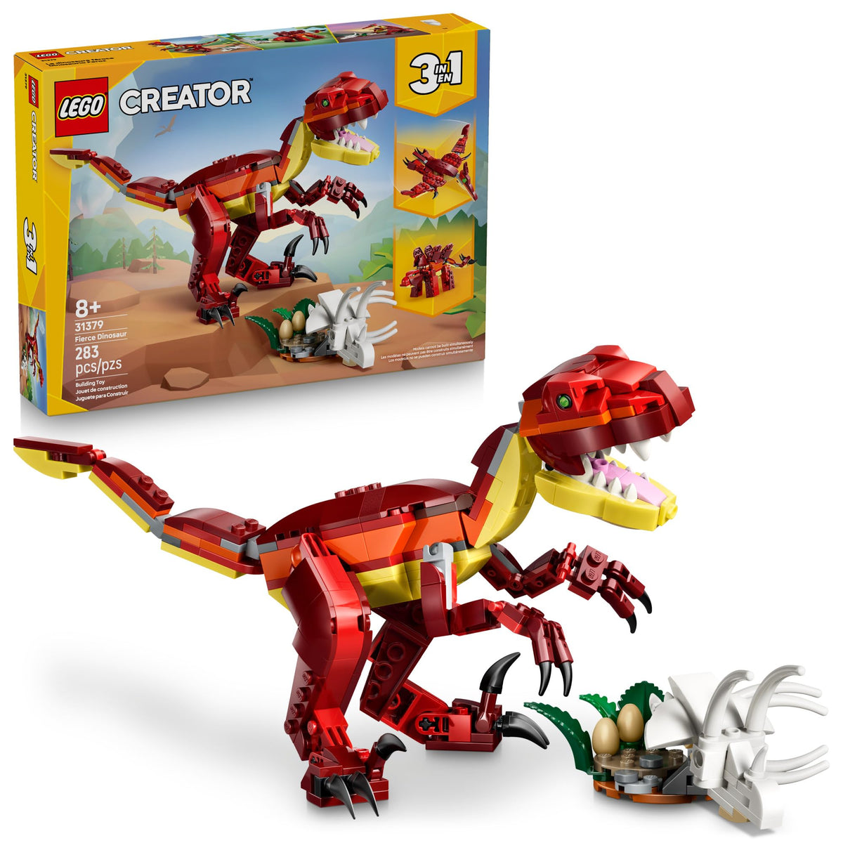 LEGO Creator 3 in 1 Fierce Dinosaur Building Toy for Boys & Girls, Ages 8+ - Gift for Birthdays - Kids Build 1 of 3 Prehistoric Animal Figures - 31379