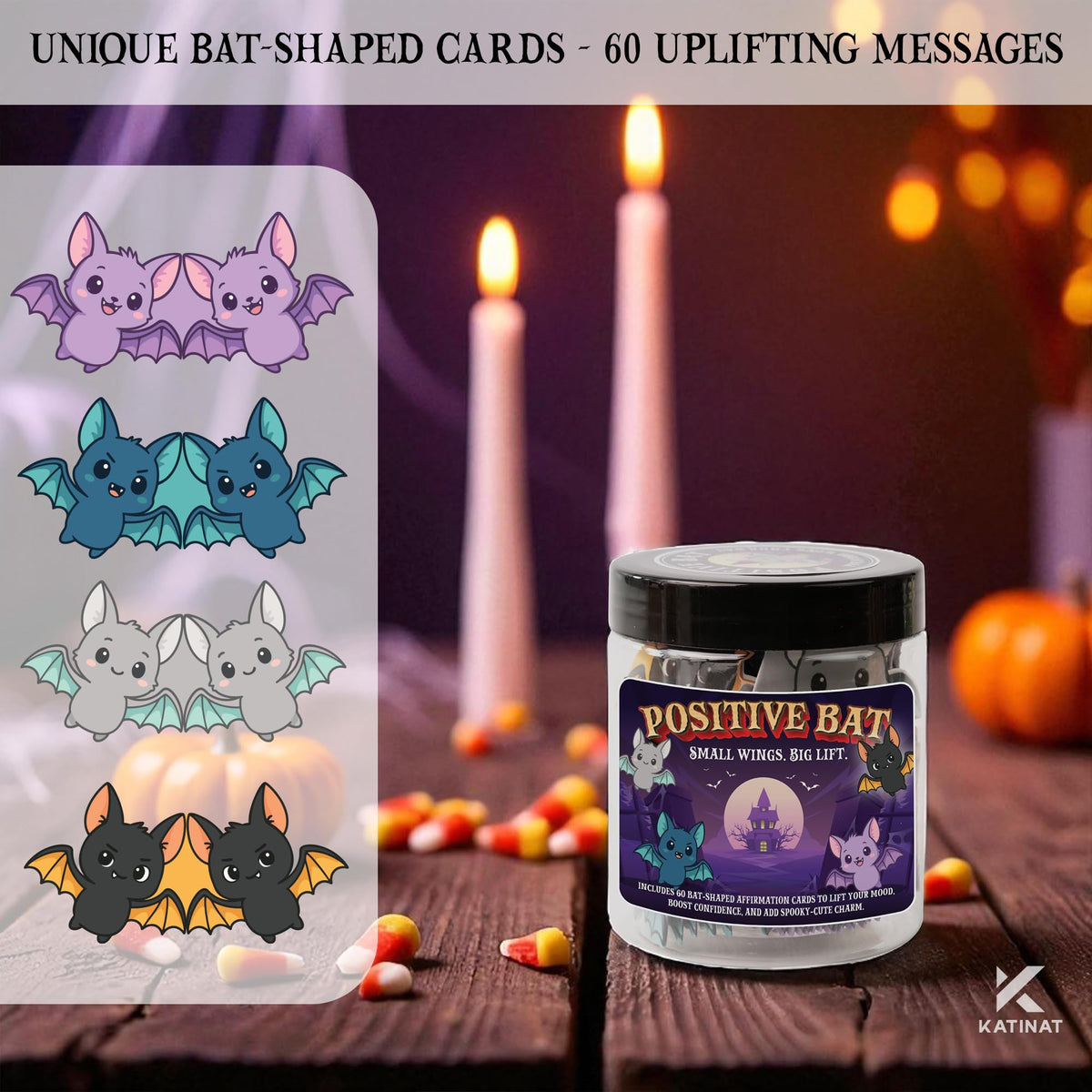 Positive Bat Jar, Emotional Inspirational Support Bats with 60 Affiramtion Cards, Halloween Gifts for Women Kids Teens Friends, Boo Halloween Basket Stuffers for Women