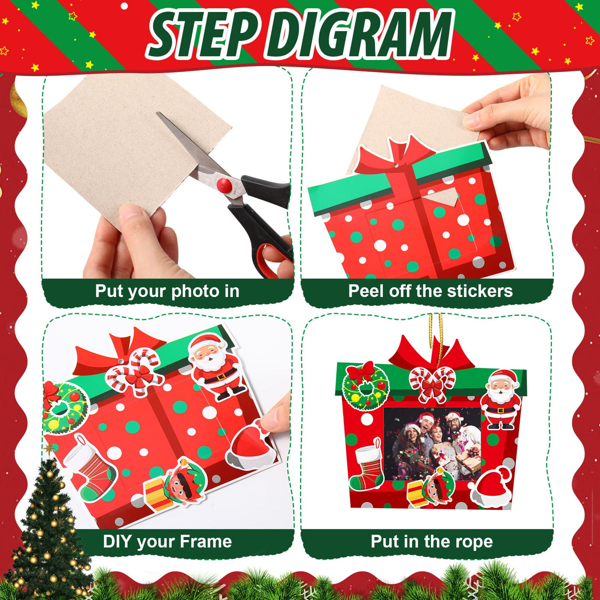 Tioncy 40 Pack Christmas Picture Frame Ornaments DIY Craft Box Set with Stickers DIY Photo Frame Hanging Xmas Picture Ornaments for Tree Window Holiday Party Decor