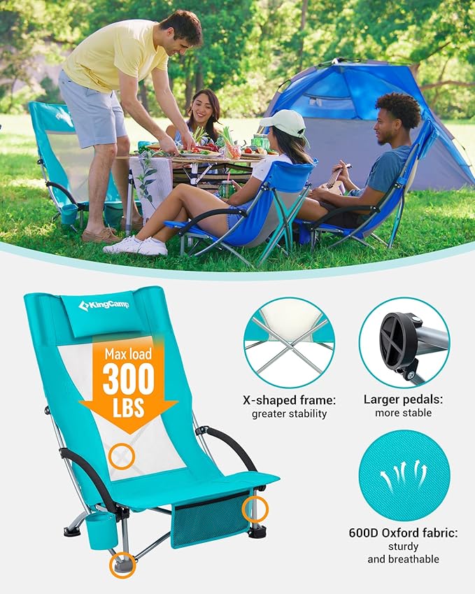 KingCamp Low Beach Chairs, Portable Folding Chair for Adults Extra Wide Ergonomic High Back Seat 300lbs Heavy Duty Lightweight Oversized Gear with Carry Bag for Outdoor Lawn Camping Picnic