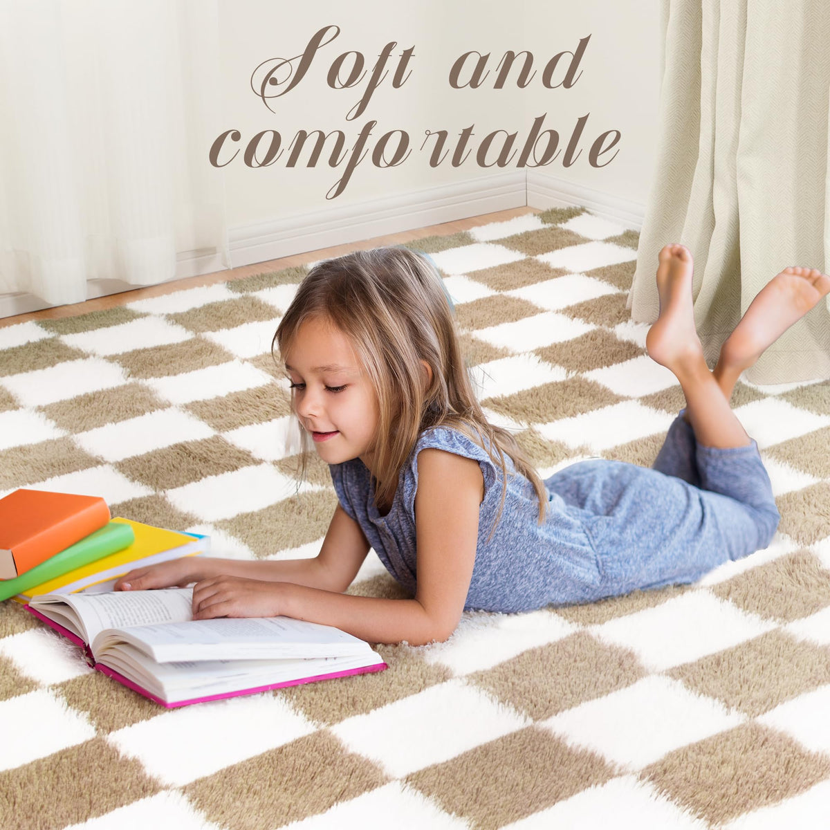 Super Soft Rug for Bedroom, 8x10 Ft Beige and White Area Rug Classic Checkered Shaggy Anti-Skid High Pile Soft Fluffy Rug Fuzzy Carpet for Living Room Bedroom Kids Room Nursery, Dorm Home Decor