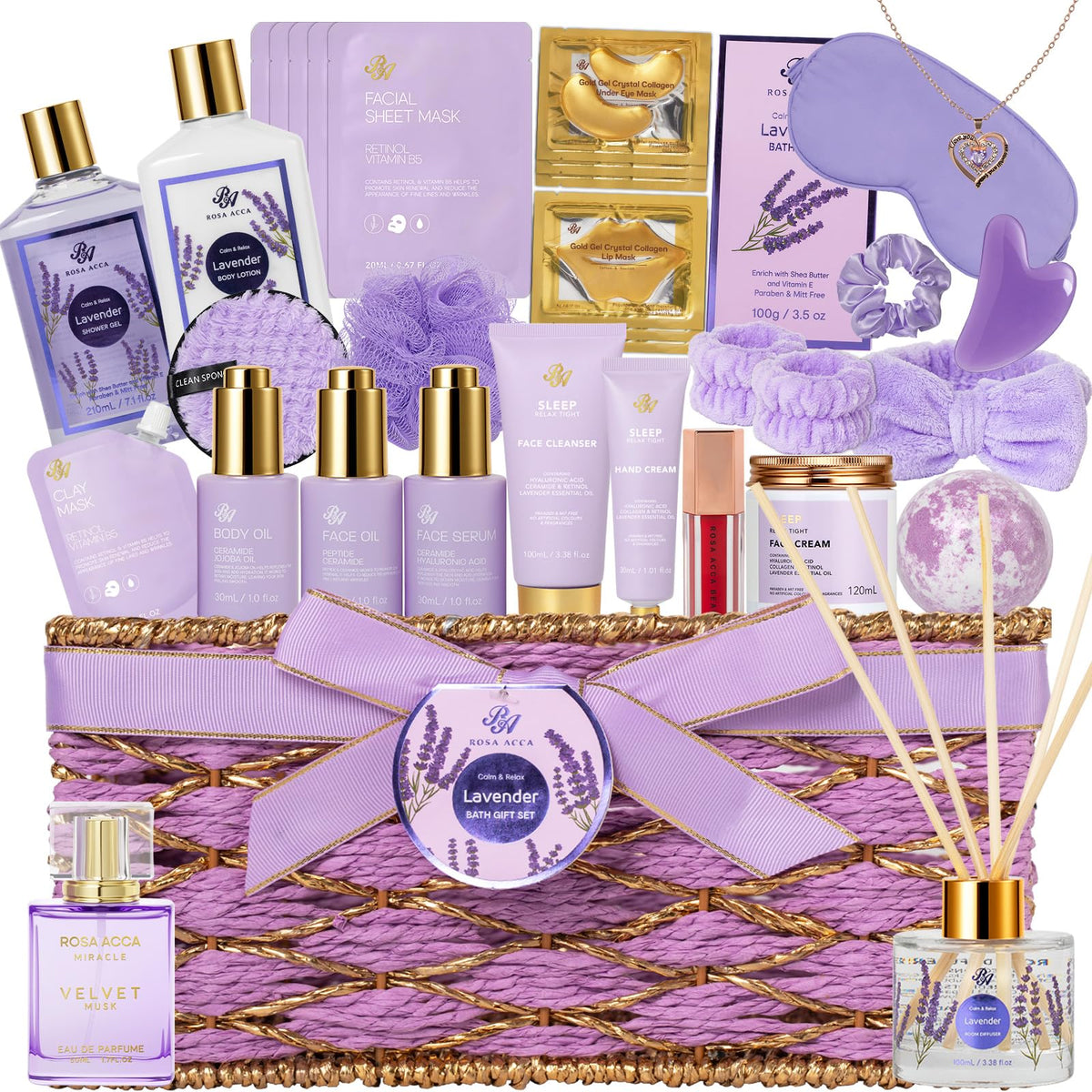 35 Pcs Mothers Day Gifts, Lavender Bath & Body Gift Basket for Women, Facial Skin Care Set, Home Spa Basket, Self-Care Set, Face Sheet Mask, Necklace, Birthday, Christmas,Anniversary